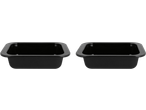 Two black square baking dishes with rounded corners.