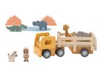 Wooden safari truck with giraffe and elephant, plus crocodile, hippo, zebra, and explorer figures.