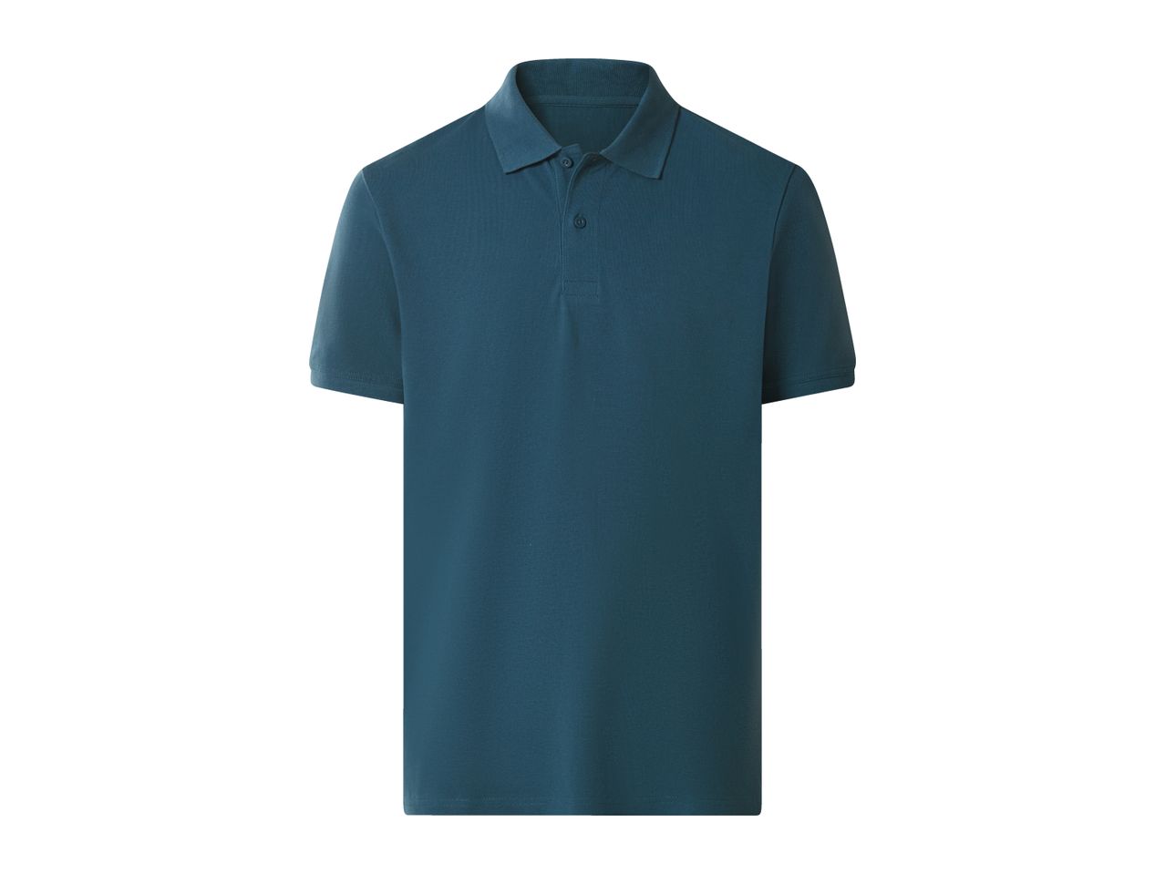 Dark teal men's polo shirt with short sleeves and a two-button placket.