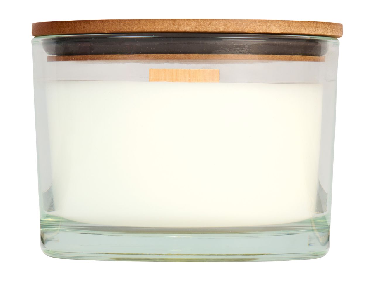 White candle in a clear glass jar with a wooden lid