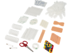 A first aid kit with bandages, gauze, gloves, scissors, safety pins, and antiseptic wipes.