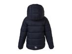 Dark blue children's puffer jacket with a hood, seen from the back.
