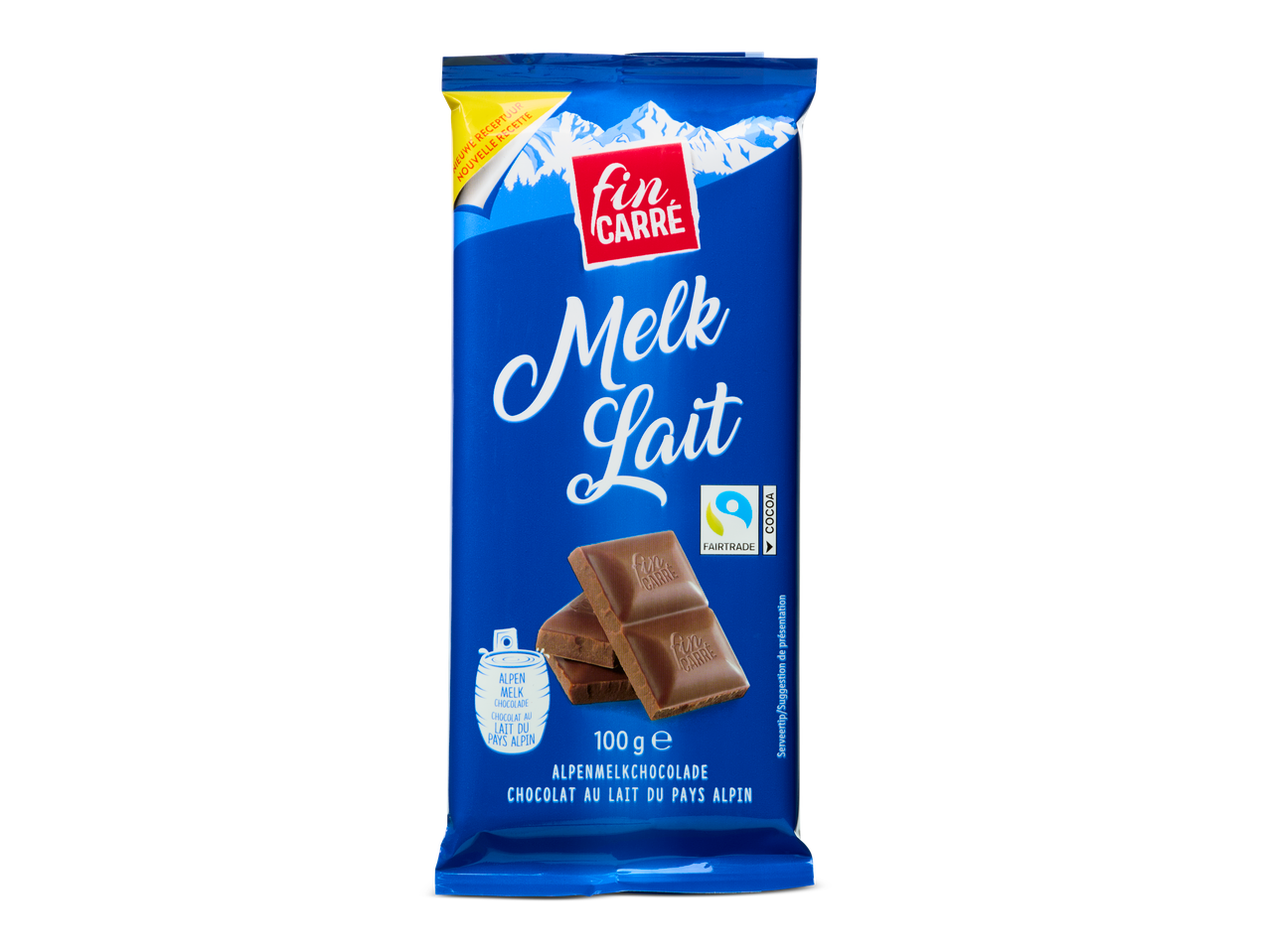 Een blauwe Fin Carré Alpenmelkchocolade verpakking met twee stukken chocolade.