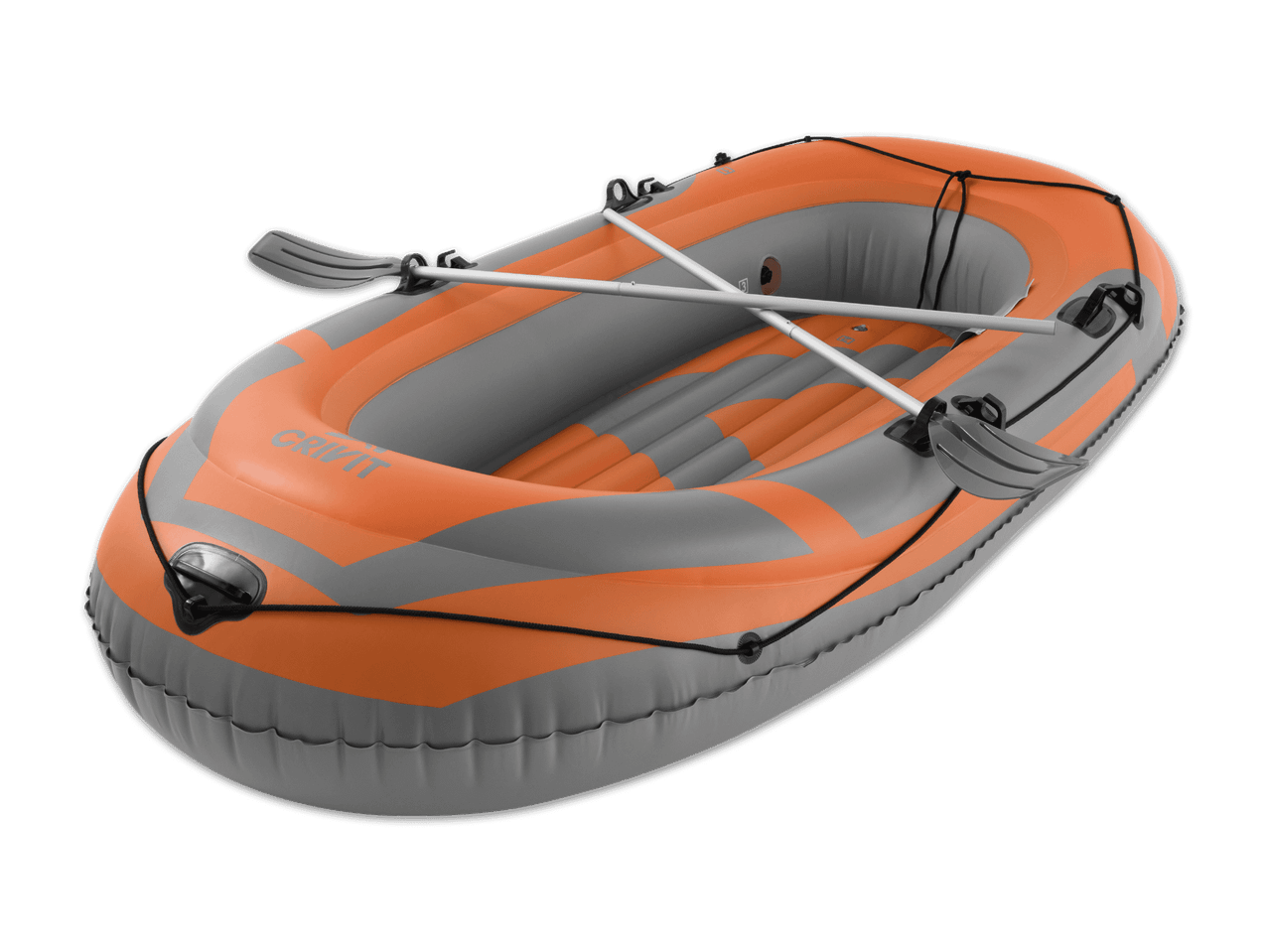 Aufblasbares Schlauchboot in Orange und Grau mit Rudern