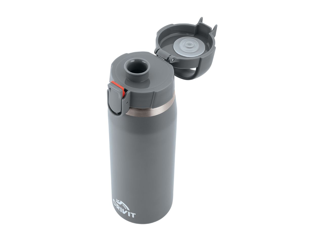 Grey insulated water bottle with an open lid, showing the drinking spout and seal.