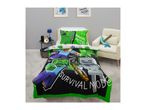 Minecraft-themed bedding with characters and 'Survival Mode' text, in a child's room.