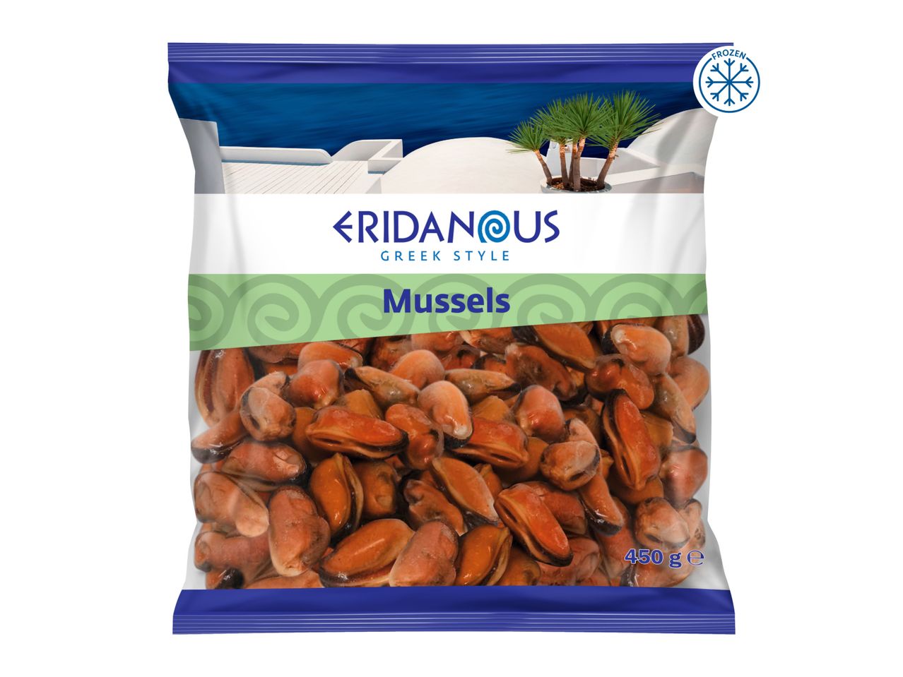 Frozen mussels in a bag with a Greek-themed design, showing a white building and blue sea.