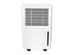 White dehumidifier with a visible water tank and wheels