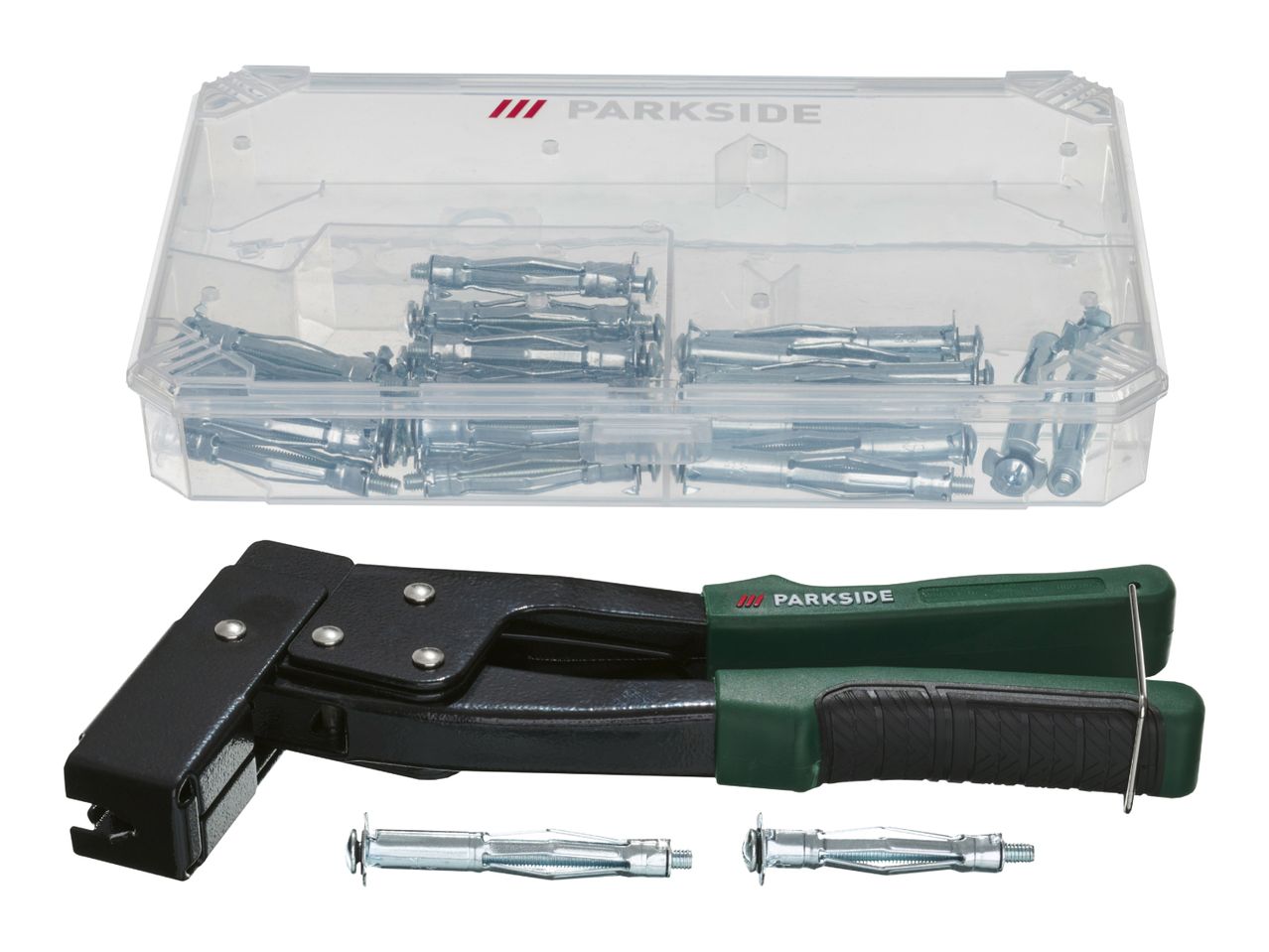 A rivet gun and a clear plastic case filled with various metal wall anchors.