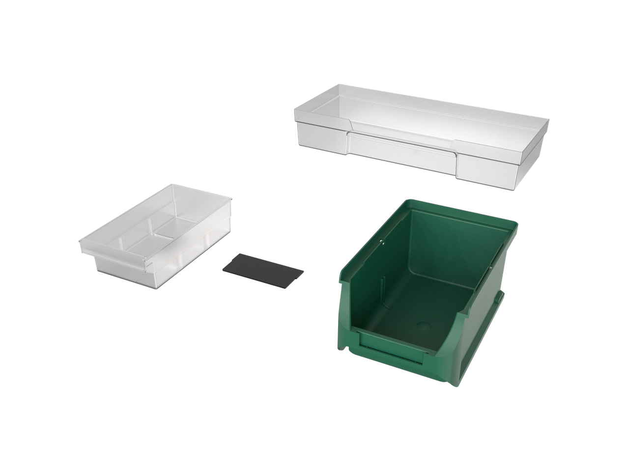 Cutii de depozitare din plastic, în diverse culori și dimensiuni.