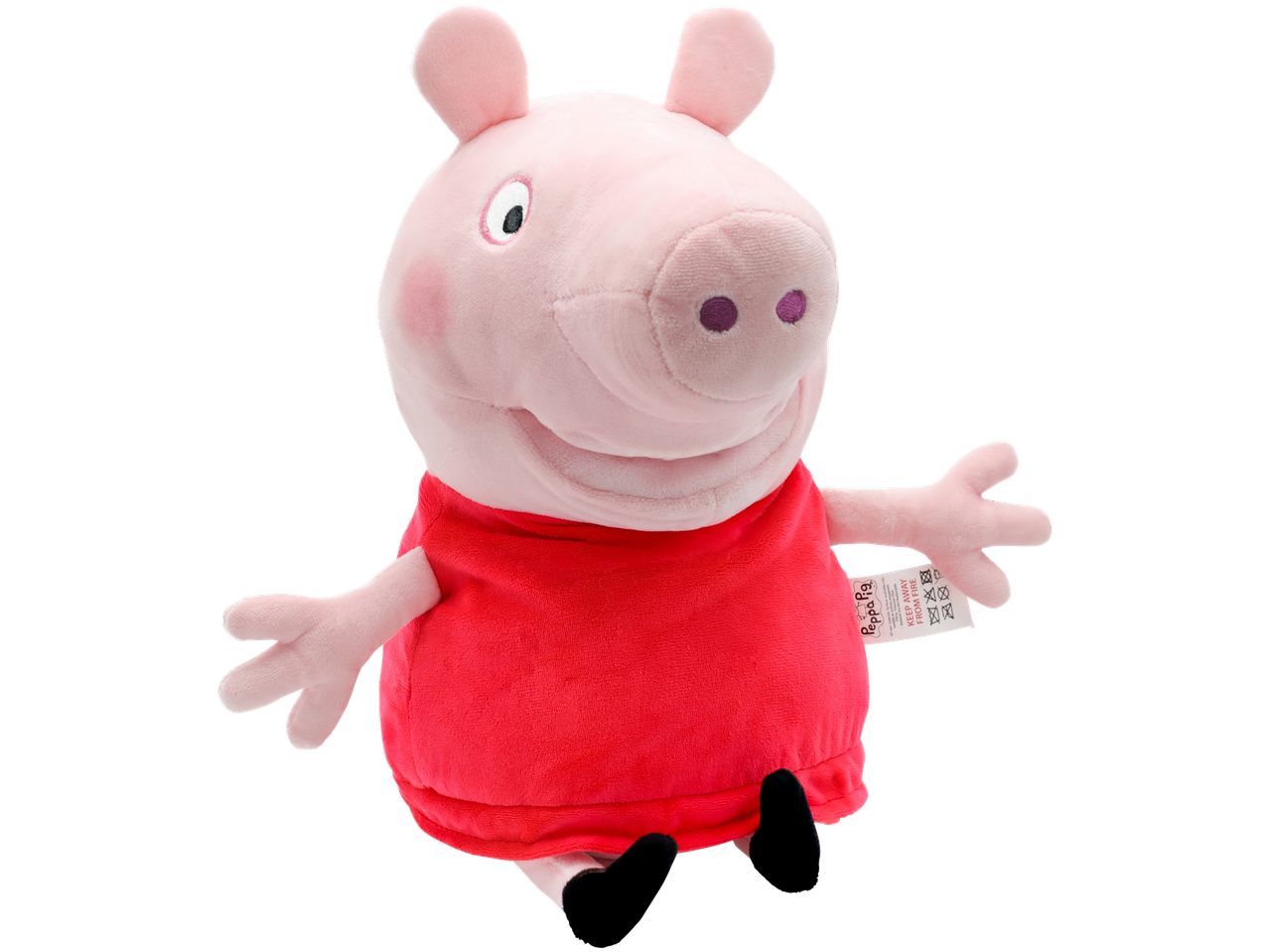 Peppa Pig plīša rotaļlieta sarkanā kleitā.