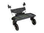 Black stroller board with green and blue accents, featuring two wheels and adjustable attachments.