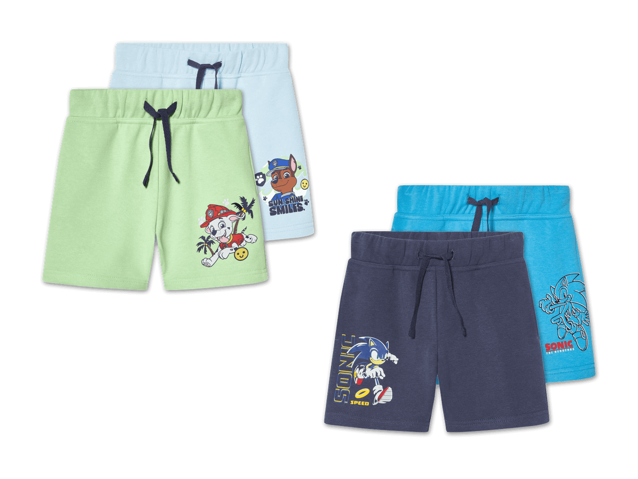 Zwei Paar Jungen-Shorts mit Cartoon-Motiven in Hellgrün und Dunkelblau.