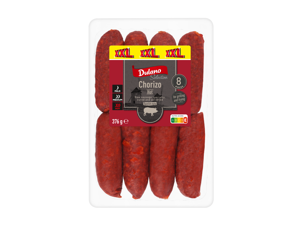 Dulano Selection Chorizo fort, 8 pièces, 376g, style espagnol, à griller et à frire, Nutri-Score C