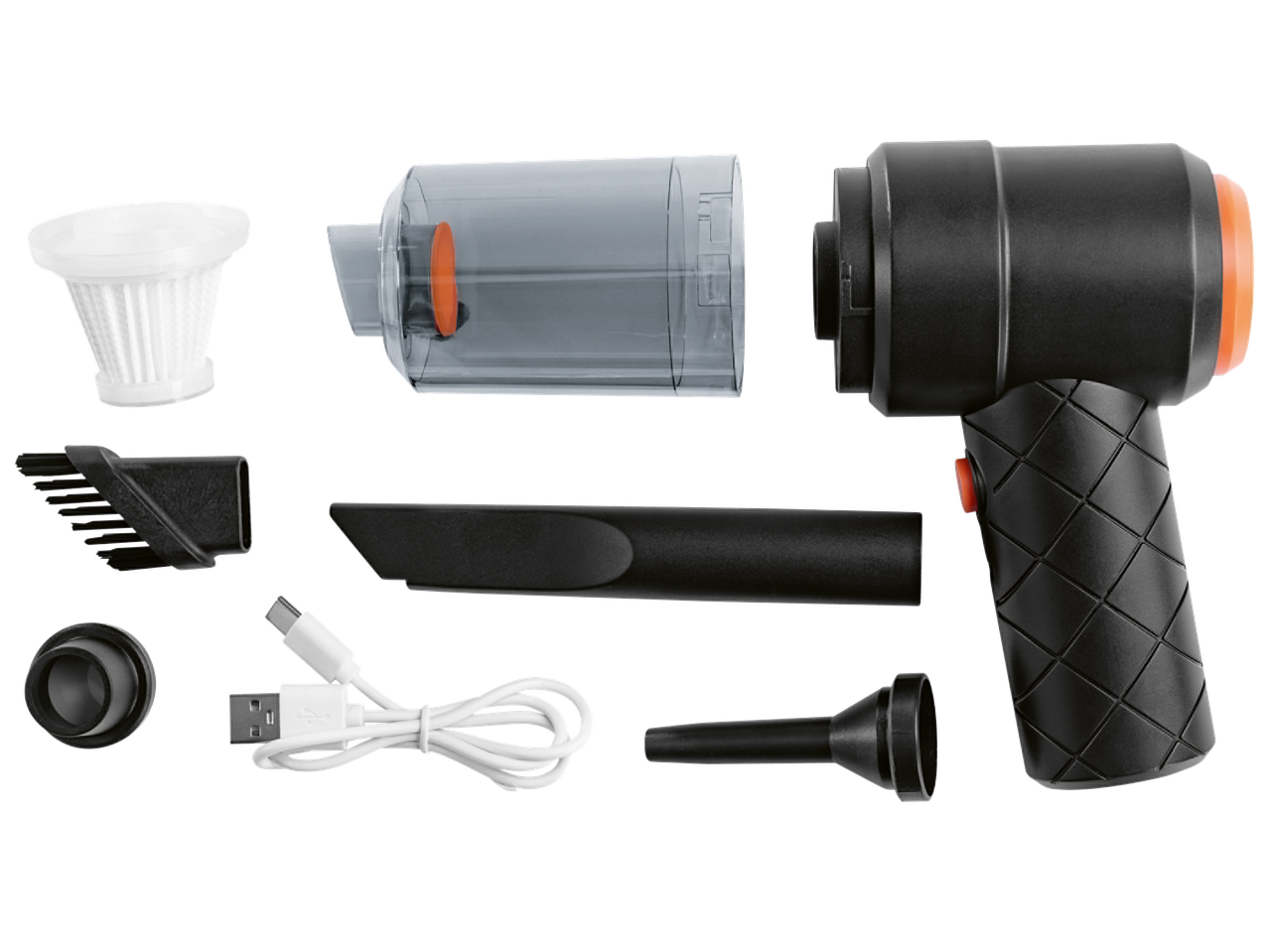 Комплект ръчна прахосмукачка с различни приставки, филтър и USB кабел за зареждане.