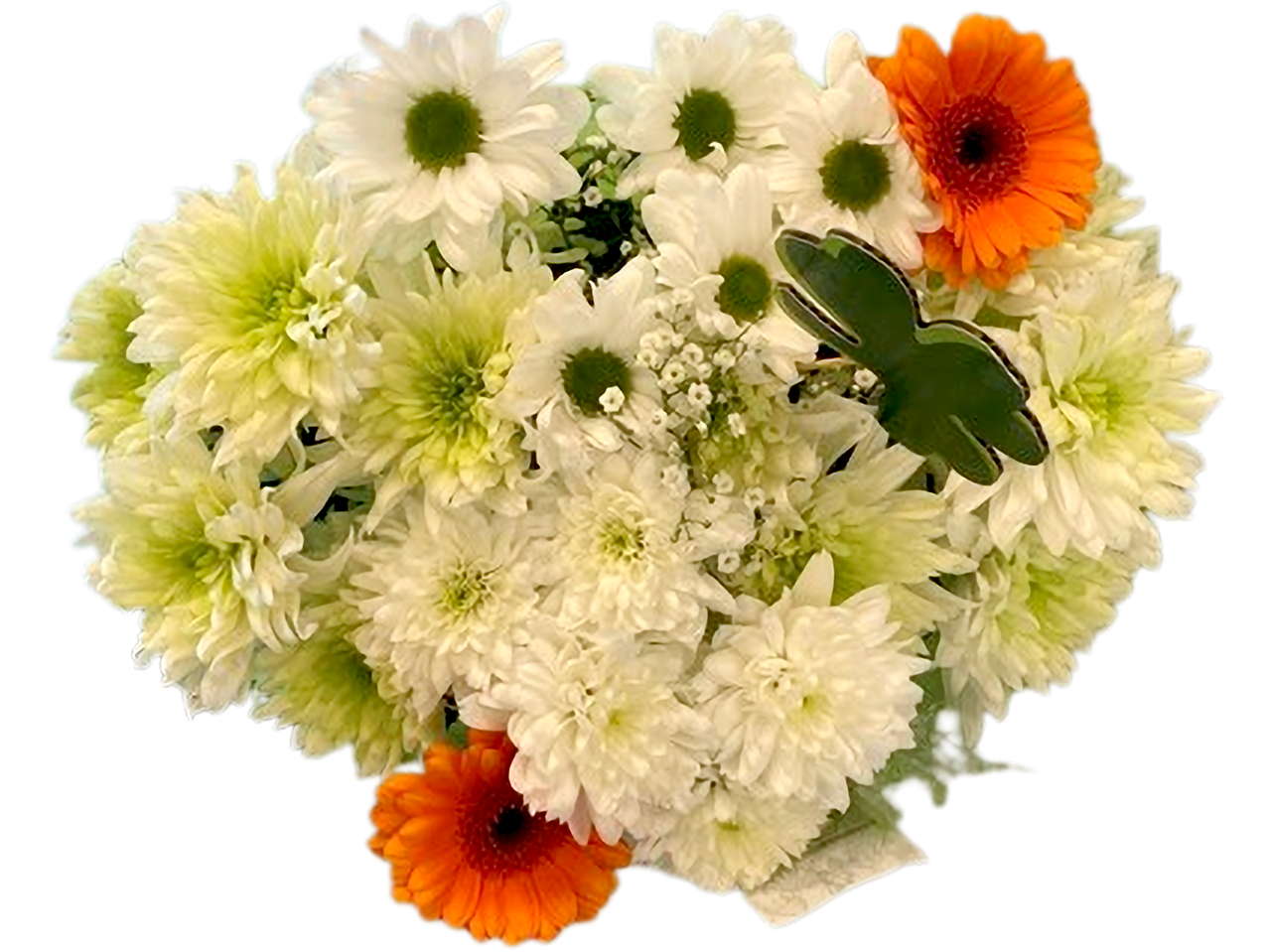 A bouquet of white and light green chrysanthemums with two orange gerbera daisies and a green shamrock.