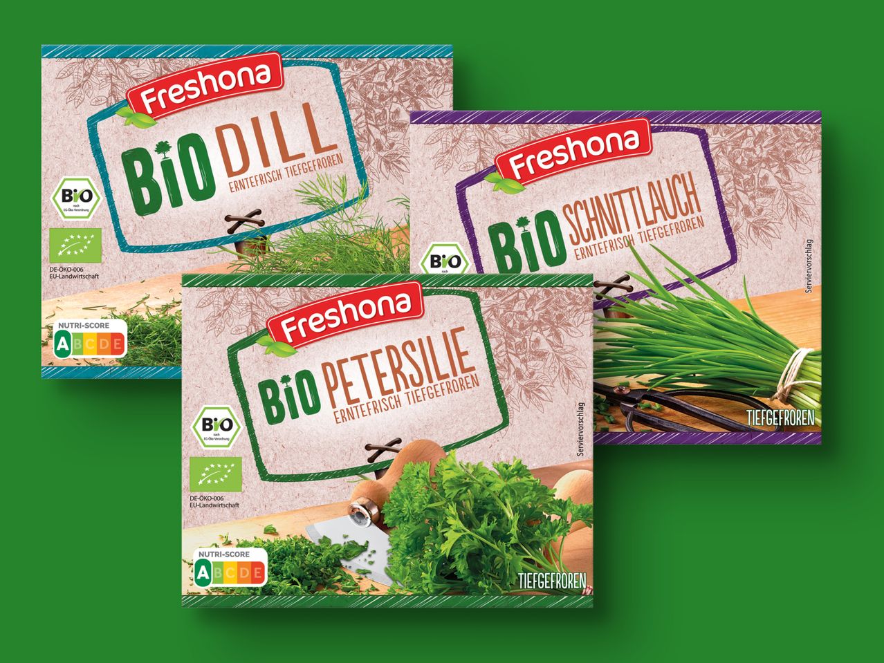 Freshaona Bio: tiefgefrorener Dill, Schnittlauch, Petersilie.