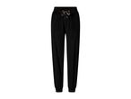 Black women's joggers with a gold drawstring.