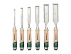 Set of six wood chisels with wooden handles, ranging from 6mm to 35mm in size.