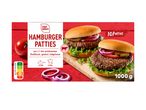 Packung Hamburger Patties mit 10 Stück, 1000g, Nutri-Score D, mit Zubereitungshinweisen.