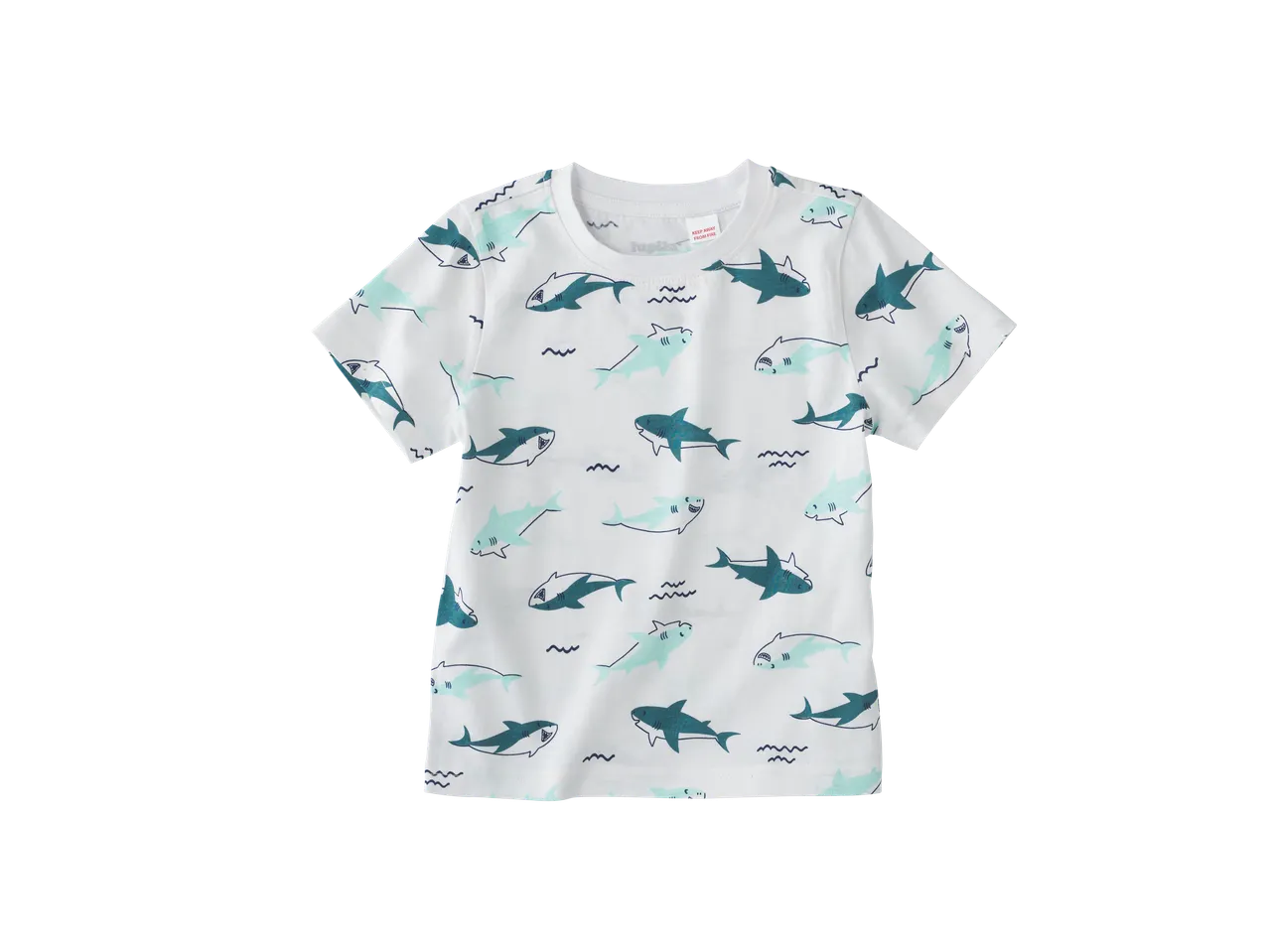 Lupilu Kids' T-Shirt with a shark pattern and a 'KEEP AWAY FROM FIRE' label.