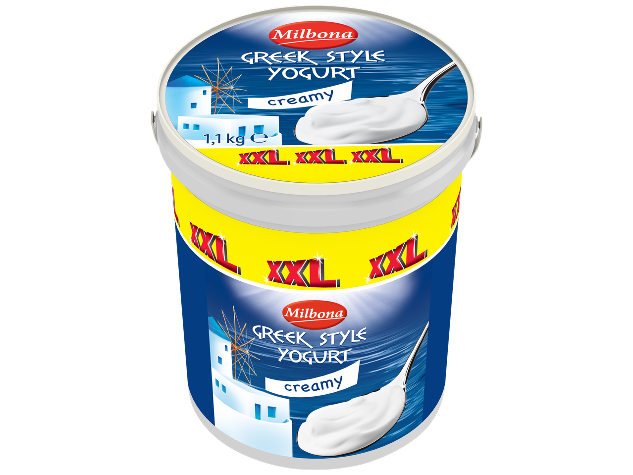 Um grande pote de iogurte cremoso grego Milbona estilo XXL.