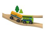 Wooden toy train with yellow and green cars on a track with two green trees.