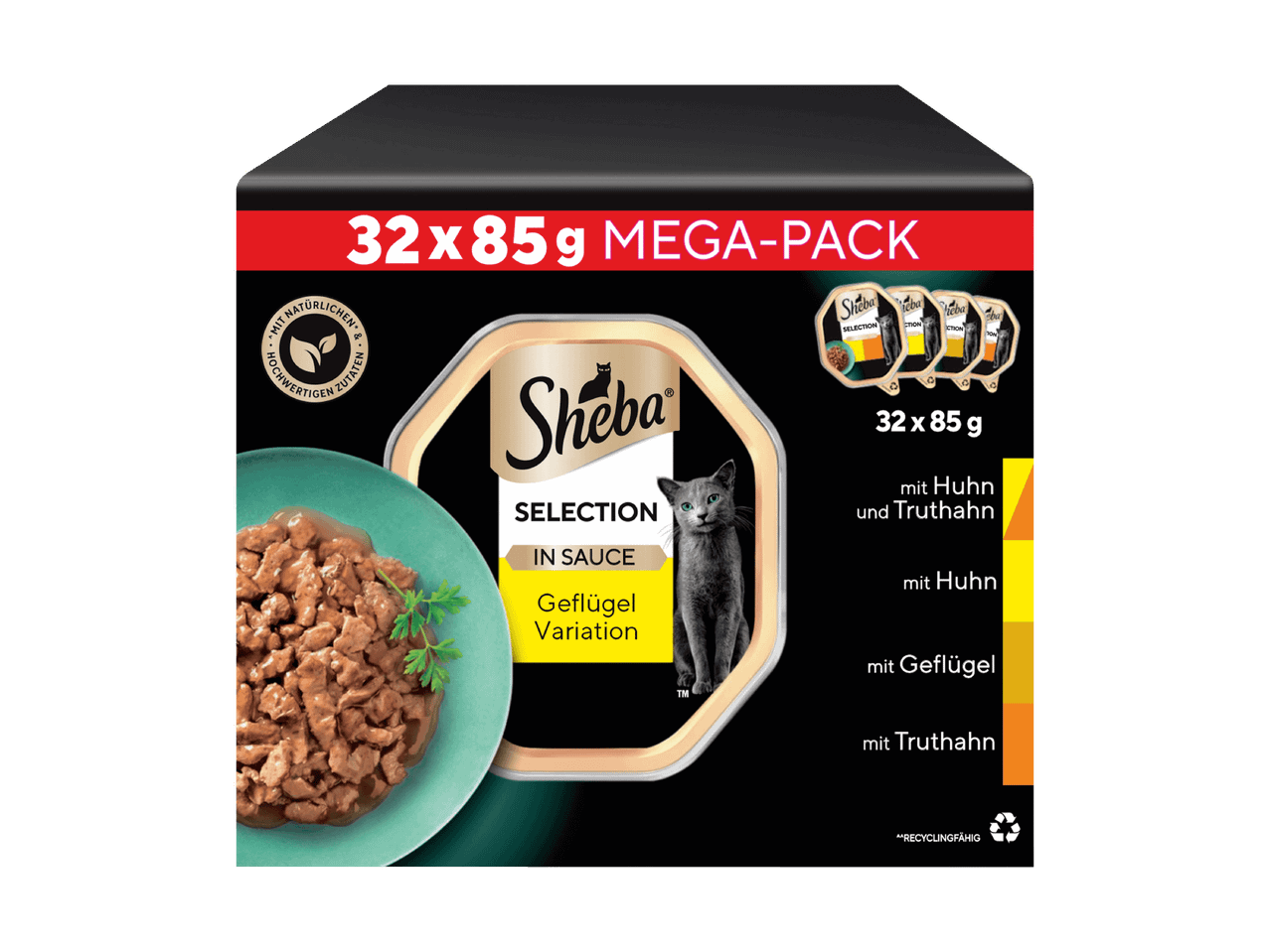 Mega-Pack mit 32x85g Geflügel-Katzenfutter in Soße, mit Huhn, Geflügel und Truthahn.