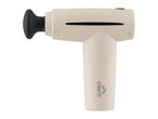Cream-colored massage gun with a black attachment and a logo on the handle.