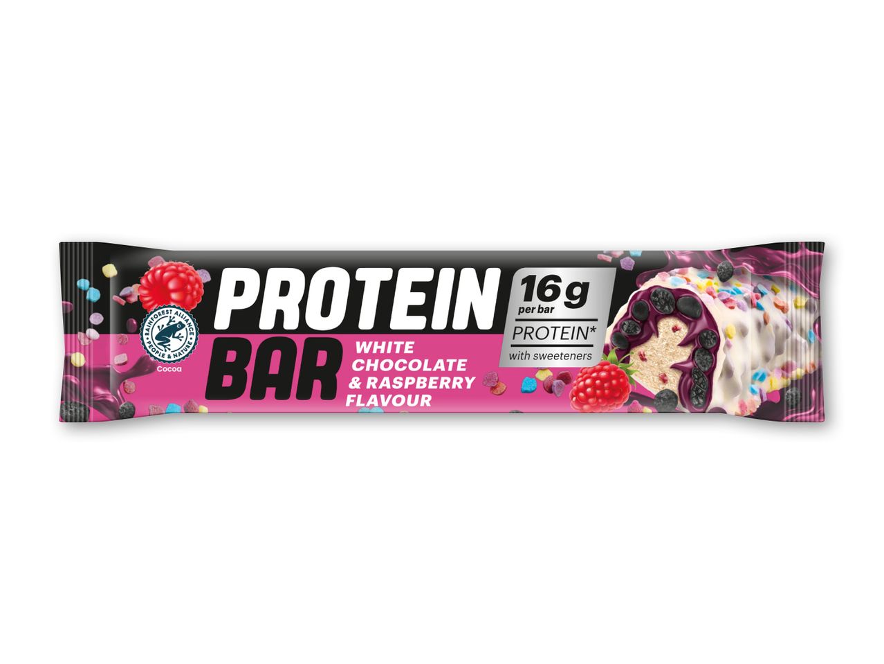 Proteinbar med hvid chokolade og hindbærsmag.