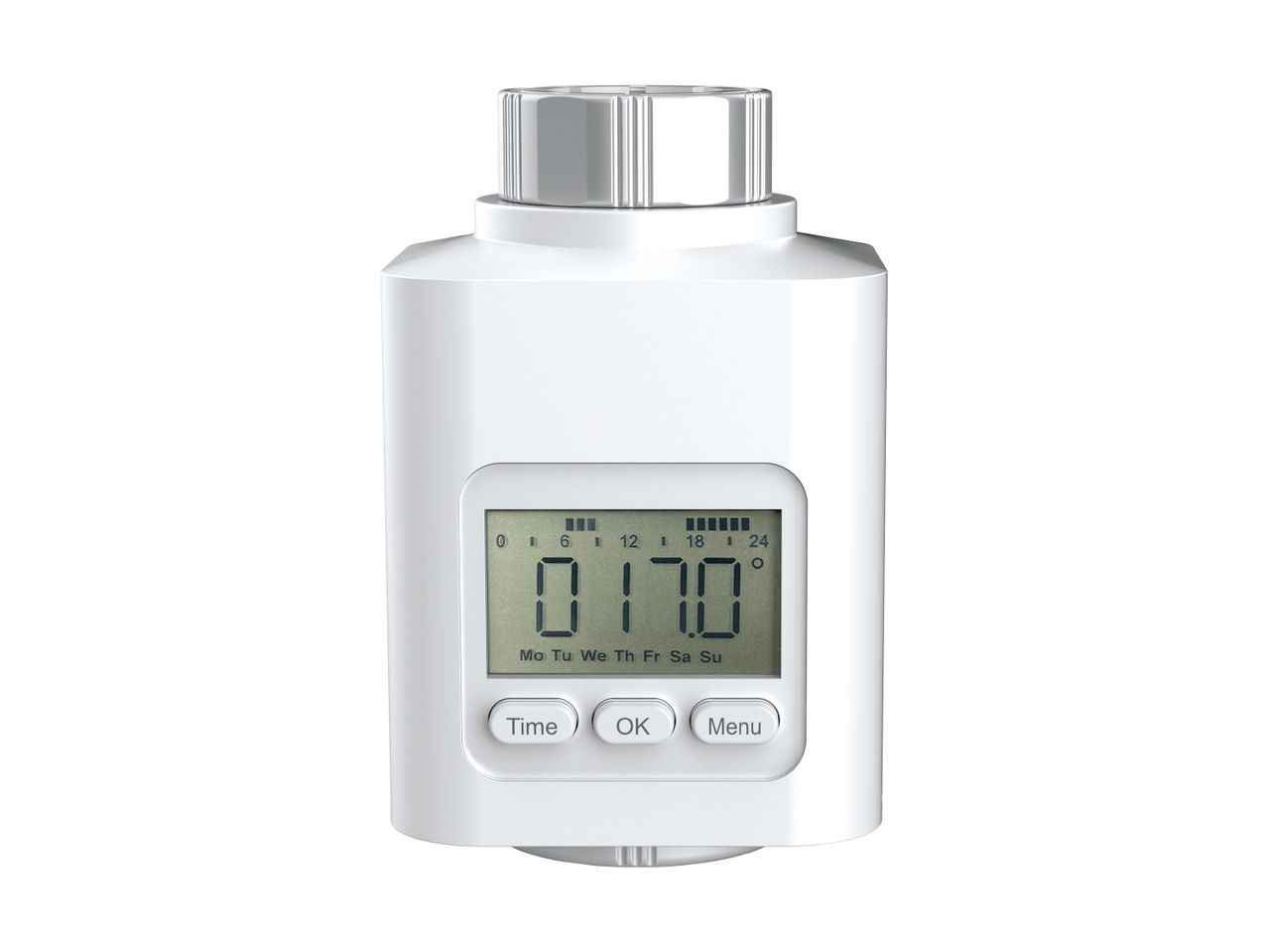 Hvid digital termostat med display, der viser 17,0 grader og ugedage.