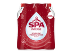 Rood multipack van 6 flessen intens bruisend mineraalwater, 100% recyclebaar, 50cl per fles.