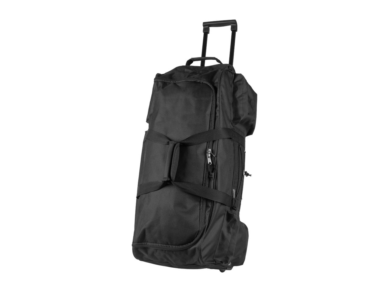 Black wheeled duffel bag with an extended handle, isolated on a white background.