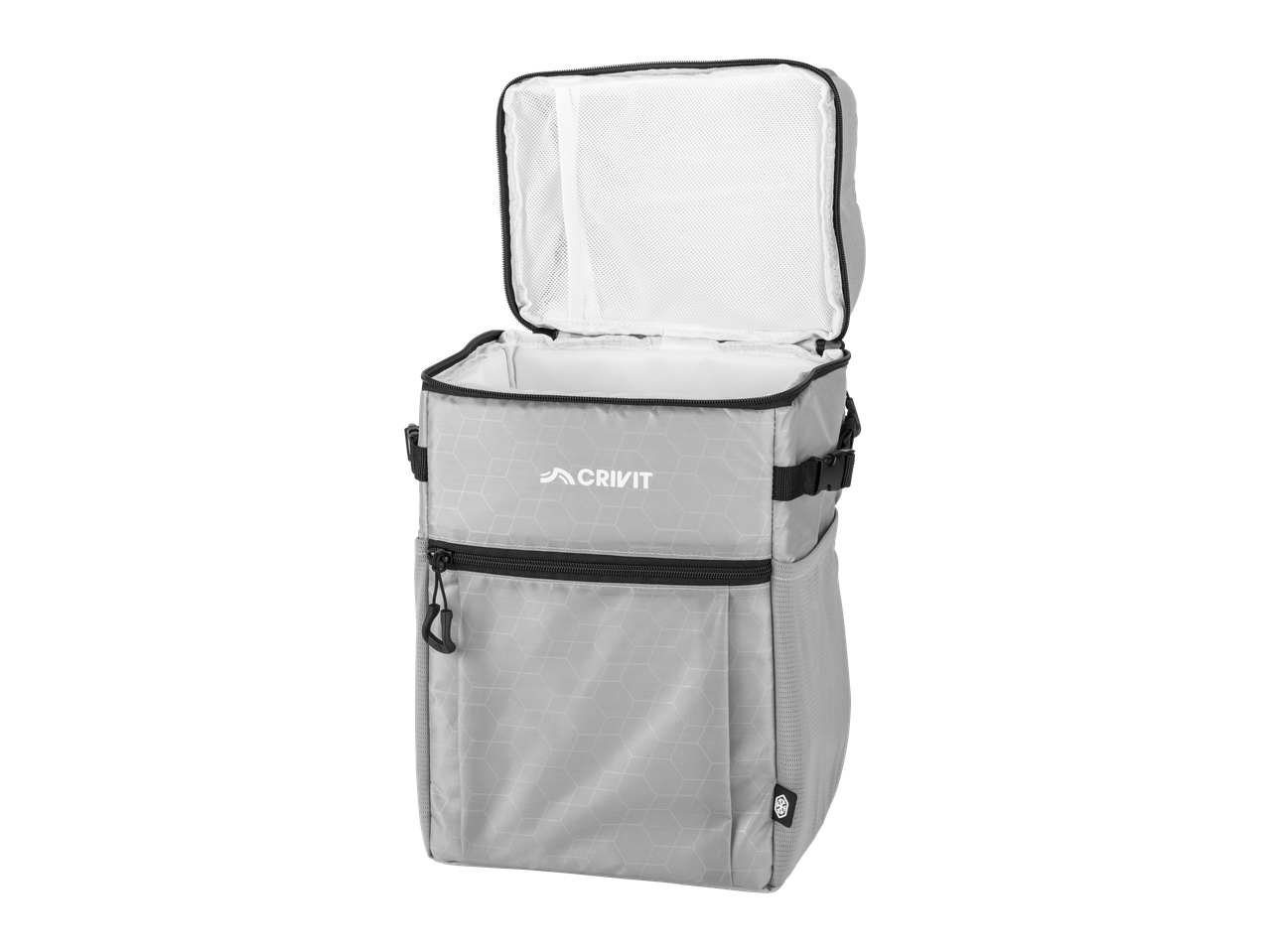 CRIVIT Cooler Bag Backpack, open, showing the insulated interior and mesh pocket.