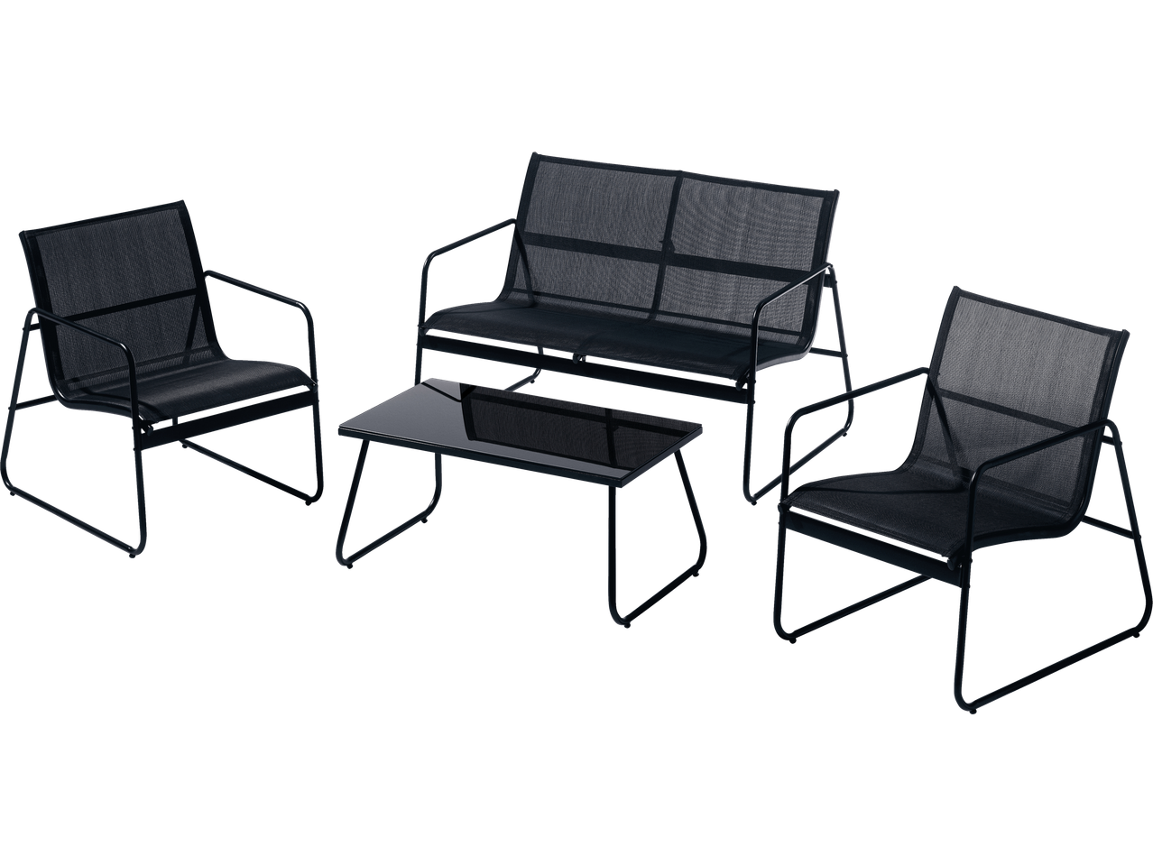 Crni baštenski set sa dve fotelje, kaučem i stočićem za kafu.