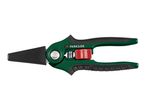 Green and black pruning shears with a red safety lock and a silver spring mechanism.