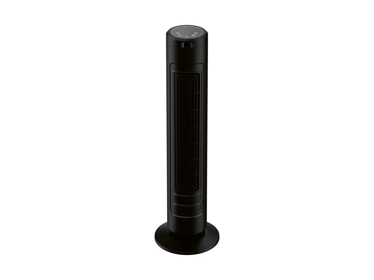 Sort tårnventilator med digitalt display og kontrolknapper på toppen.