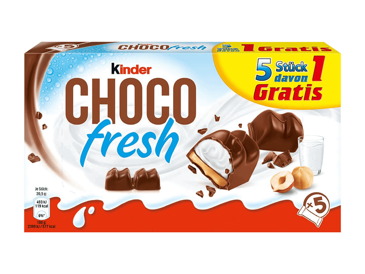 Packung Schokoriegel mit cremiger Füllung, mit Sonderangebot 5+1 gratis.