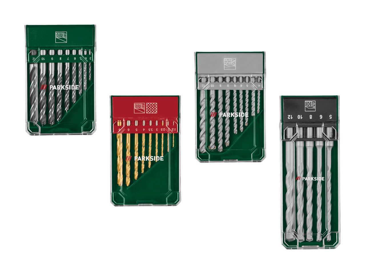Vier Bohrer-Sets in verschiedenen Größen und Ausführungen, darunter Holz-, Metall- und Mauerwerksbohrer.