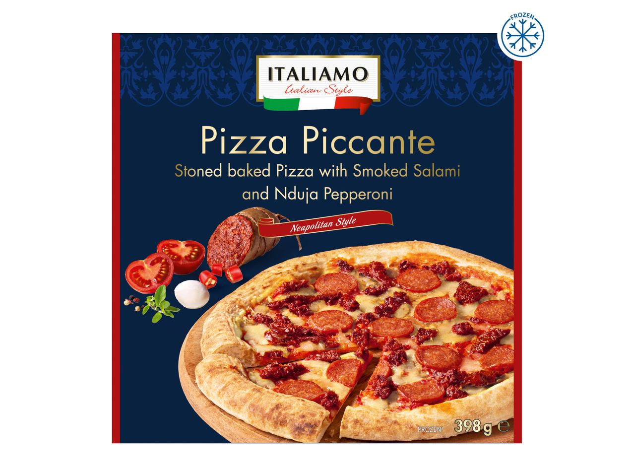 A box of Italiamo Pizza Piccante, a frozen pizza with smoked salami and Nduja pepperoni.