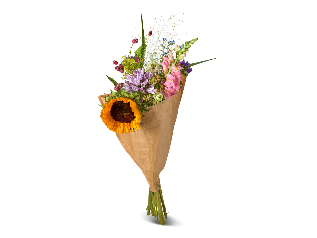 Boeket met zonnebloem, roze en paarse bloemen, verpakt in bruin papier.