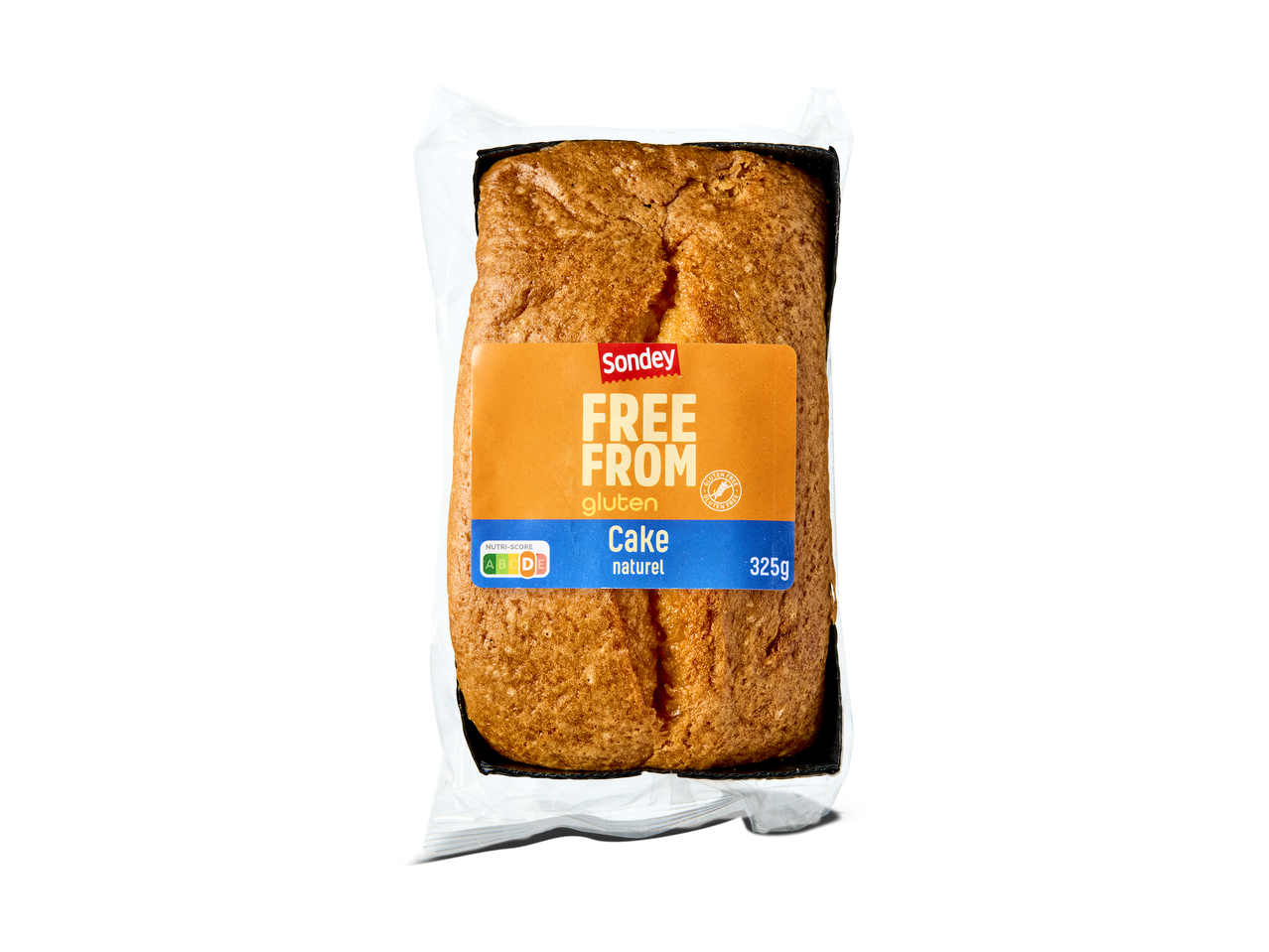 Glutenvrije cake in verpakking met Nutri-Score D en gewicht van 325g.