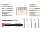 A set of screwdriver bits, including Phillips, flathead, Torx, hex, and spanner bits, with a screwdriver handle.