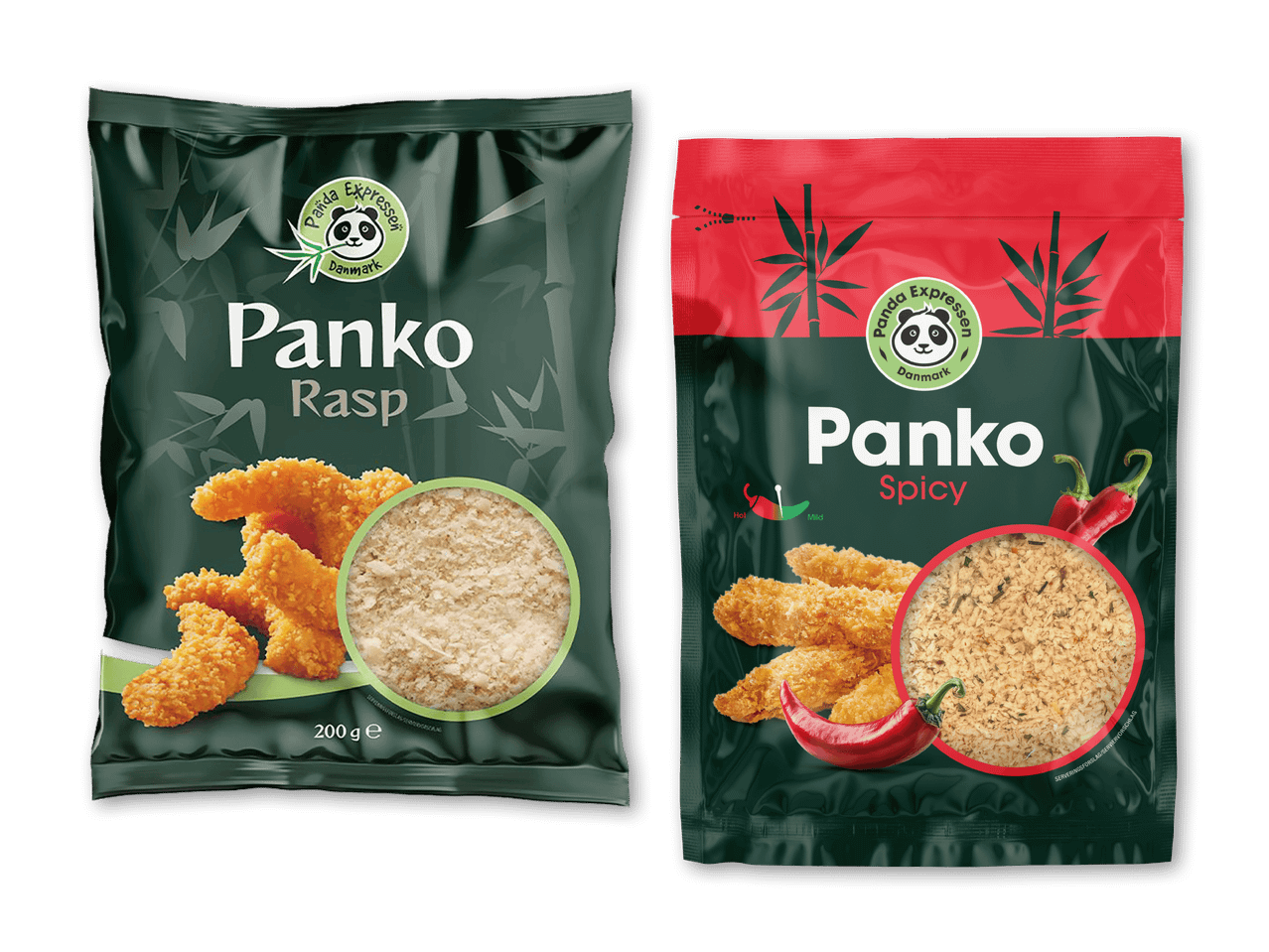 To poser panko rasp, en almindelig og en krydret, med billeder af paneret mad.