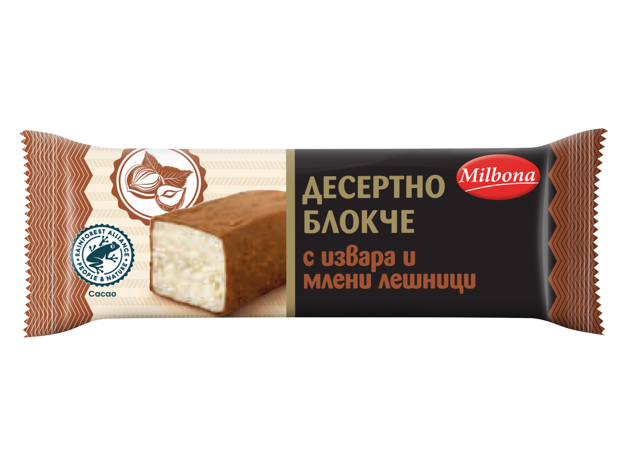 Десертно блокче с извара и млени лешници, с логото на Rainforest Alliance.