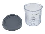 A clear measuring cup with a grey lid, showing volume markings up to 400ml.