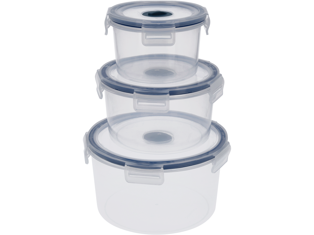 Trīs caurspīdīgu, apaļu Silvercrest® mikroviļņu krāsns trauku komplekts ar ziliem vākiem.