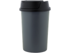 A gray travel mug with a black lid.
