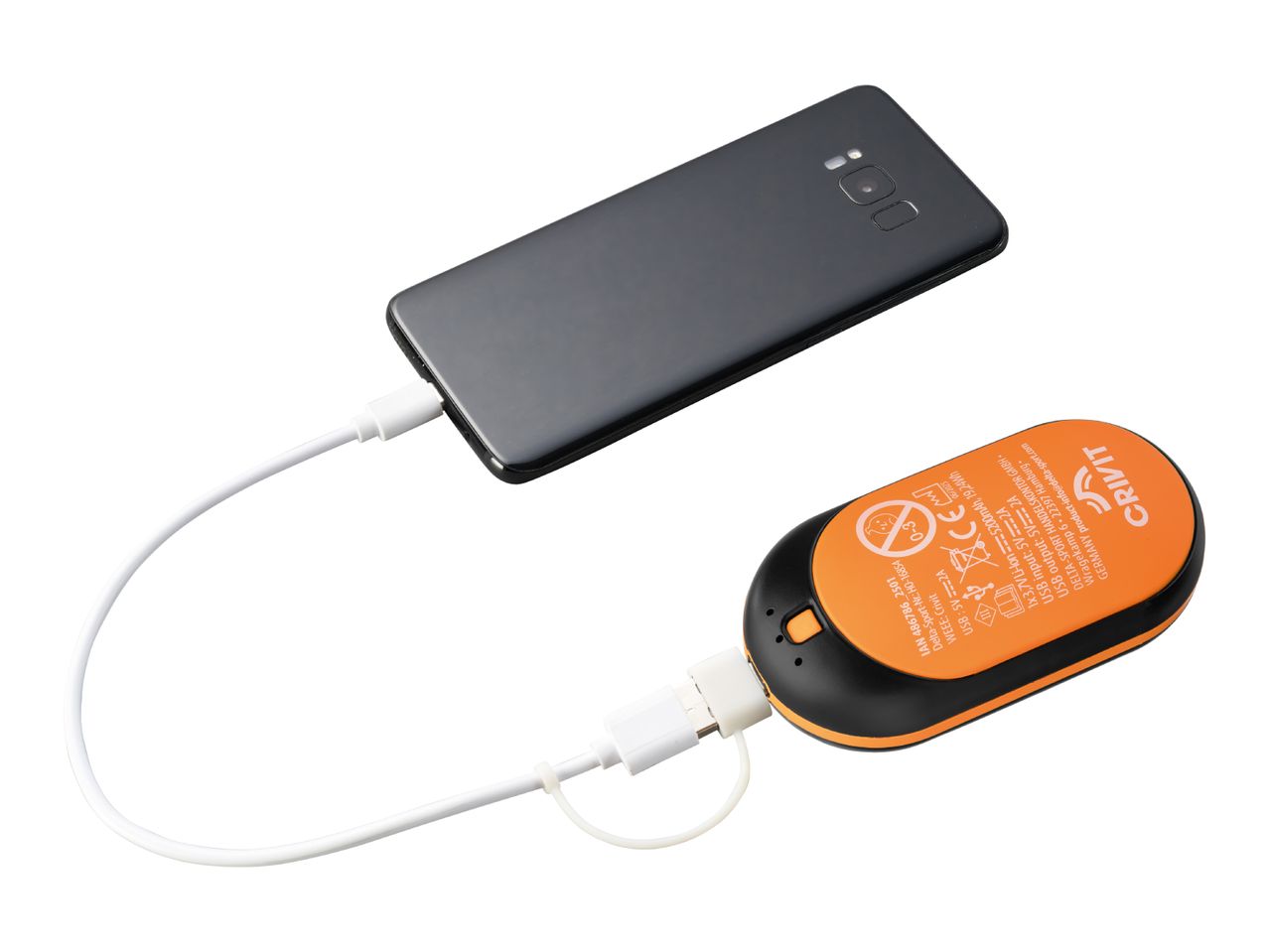 Crivit power bank charging a smartphone via a white USB cable.