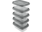 A stack of five gray plastic food storage containers.